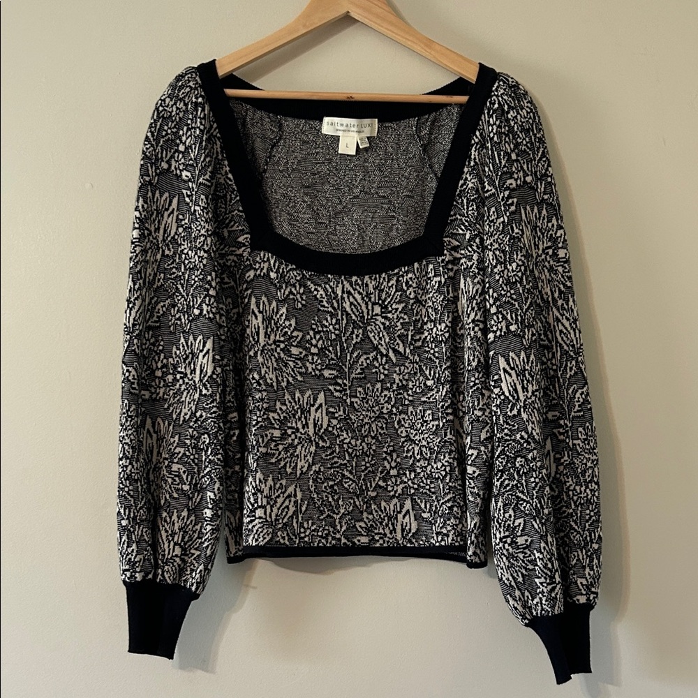 Saltwater Luxe L Square Neck Sweater Puff Shoulder Bishop Sleeve Floral Texture
